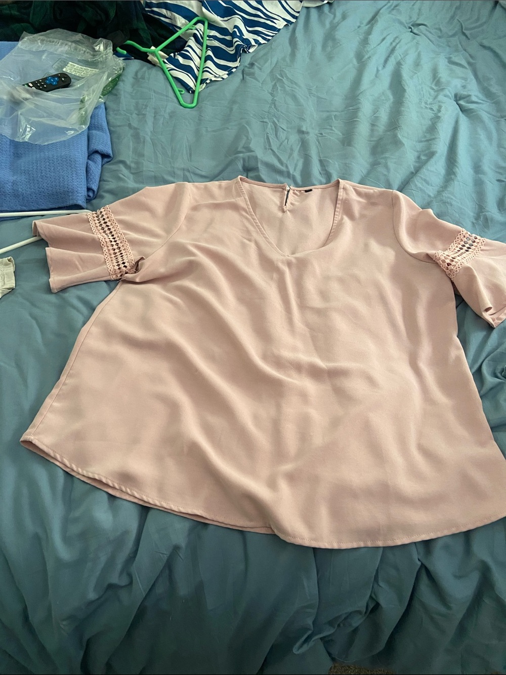 Light Pink V-Neck Tunic with Crochet Sleeve Detail